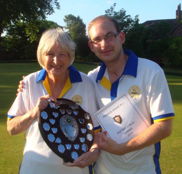 Francis Drake Bowls Club, Hilly Fields, Brockley, SE4 1QE. Potters Shield winner David Singer, with our president Jean.